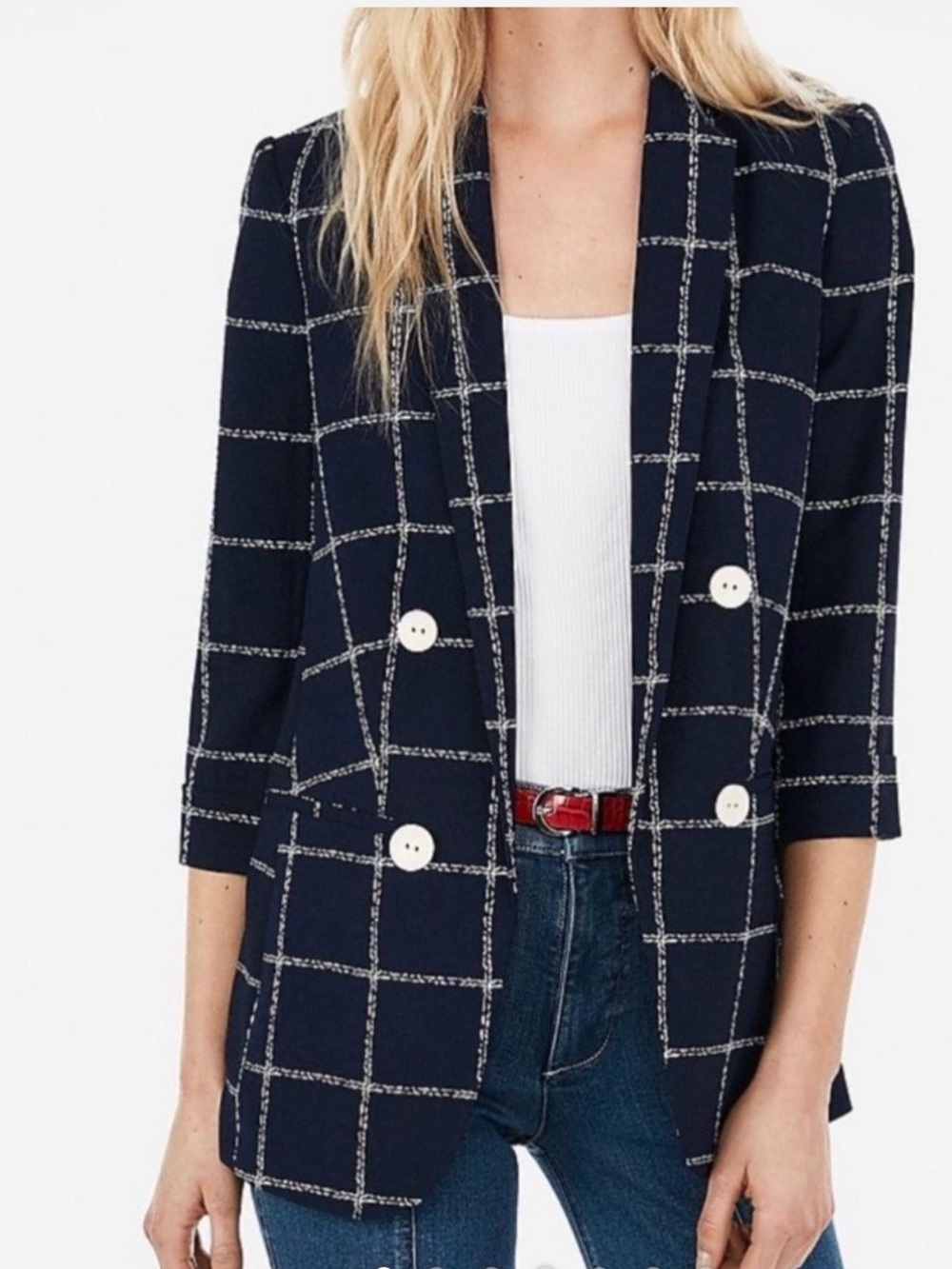 Express Navy Blazer with White Windowpane Check